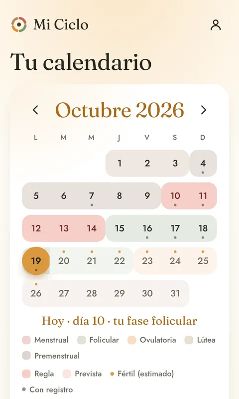 El calendario con cada fase de su color y la regla marcada